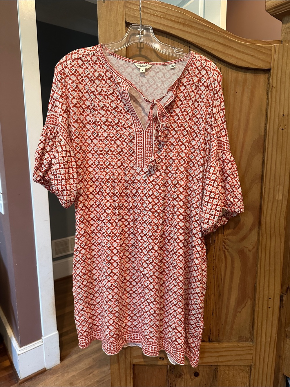 Max Studio Red & White Printed Tie-Neck Blouse